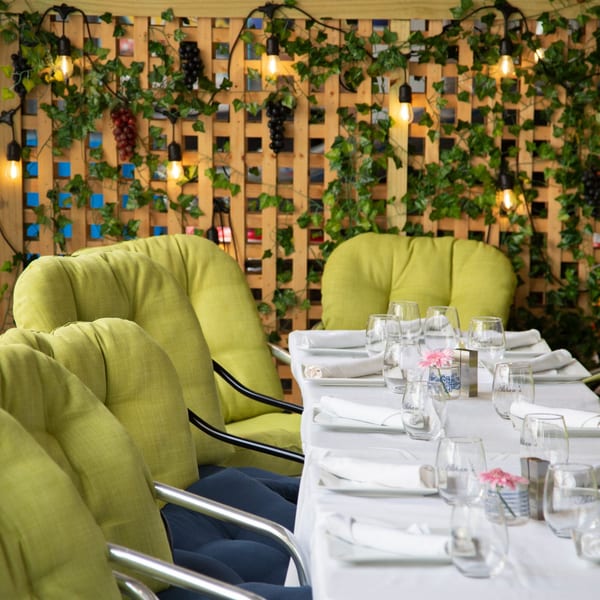 Alihan's Mediterranean Cuisine dining area with set tables, green chairs, and a vine-covered wooden trellis.