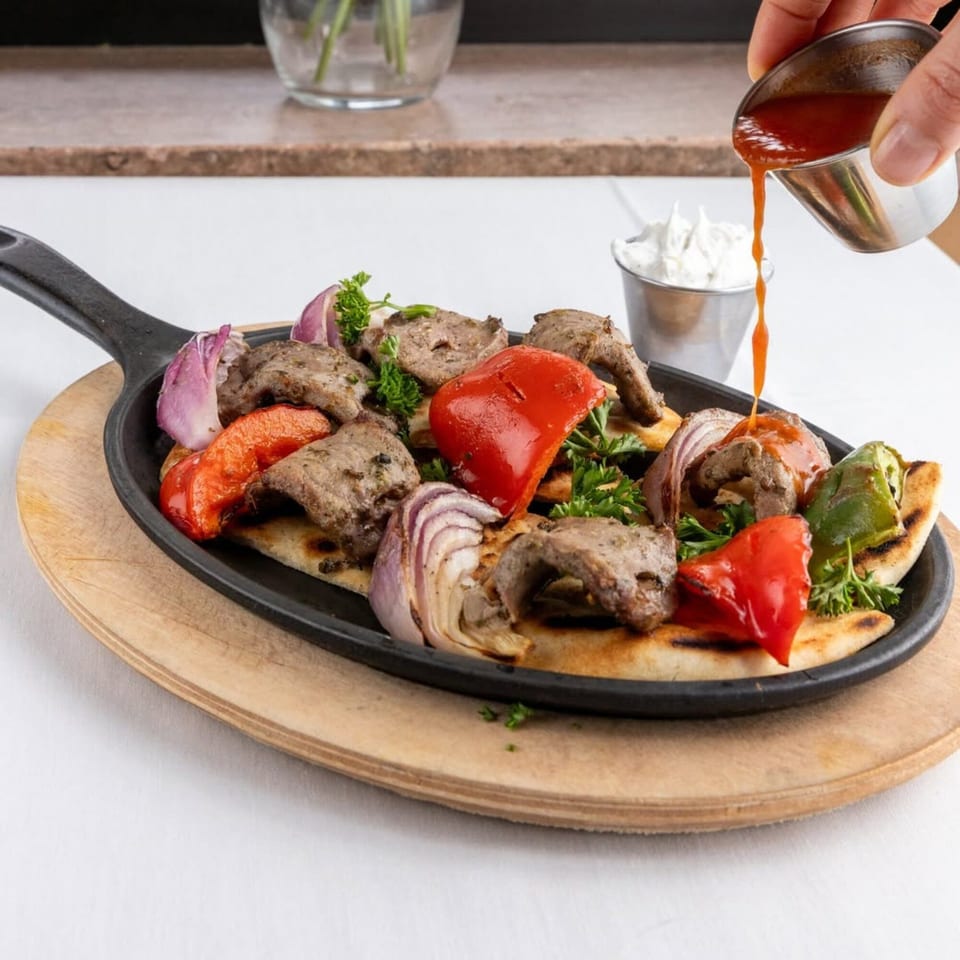 Alihan's Mediterranean Cuisine's sizzling beef and vegetable platter with sauce being poured over it.