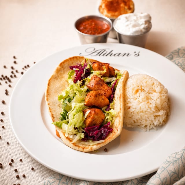 Lunch Chicken Shish, Pita, Salad.