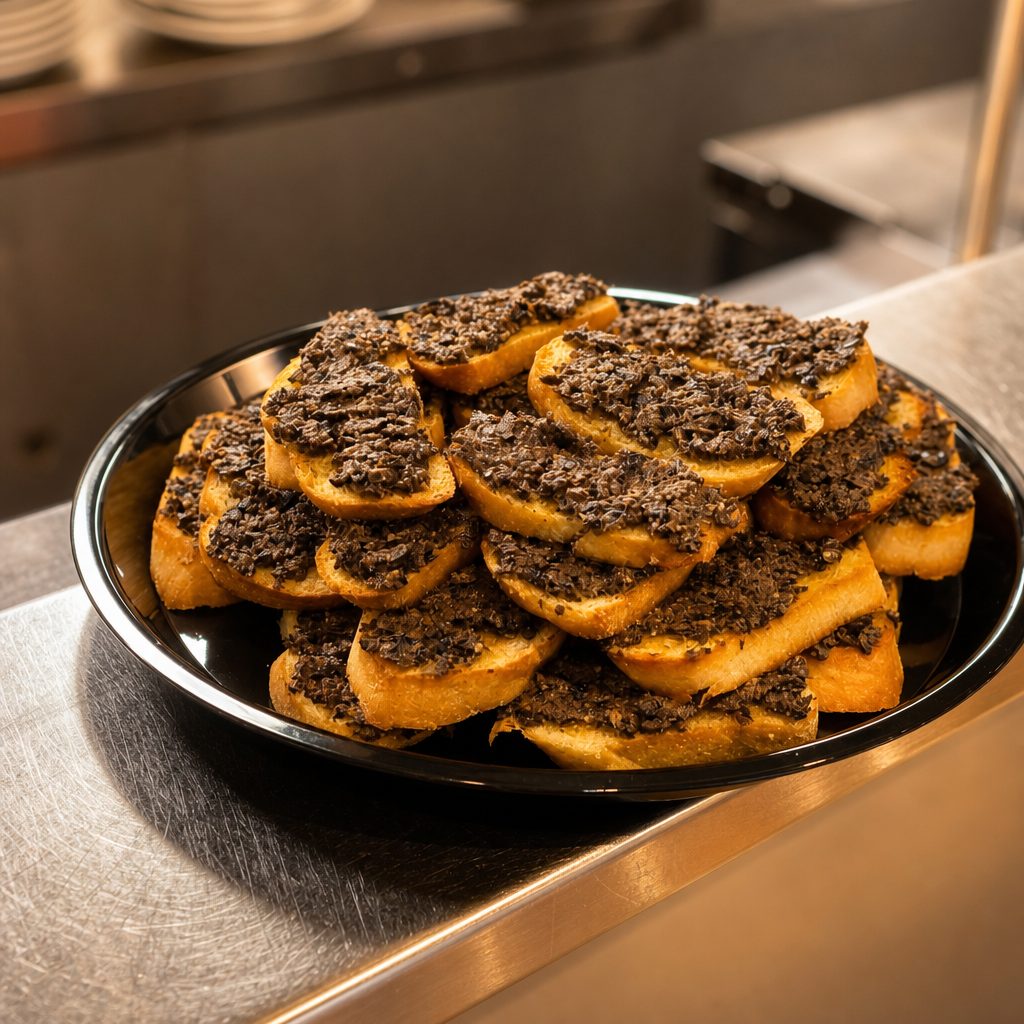 Crostini with Olives Walnuts Tapenade.